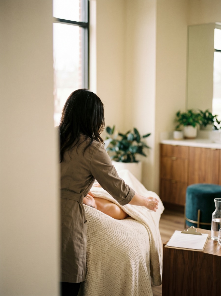 A med-spa practitioner attending to a client in a bright modern treatment room