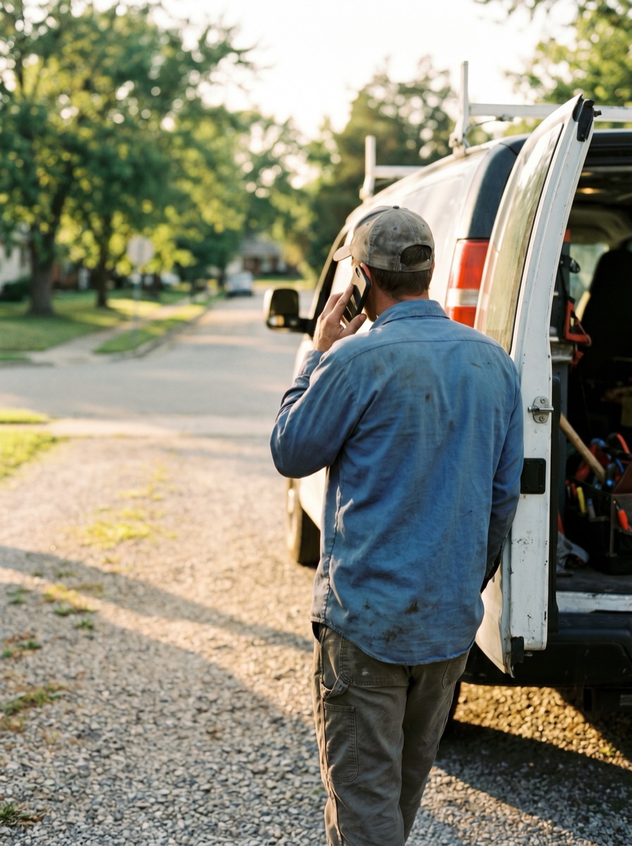 A local service technician taking a call by his work van at golden hour