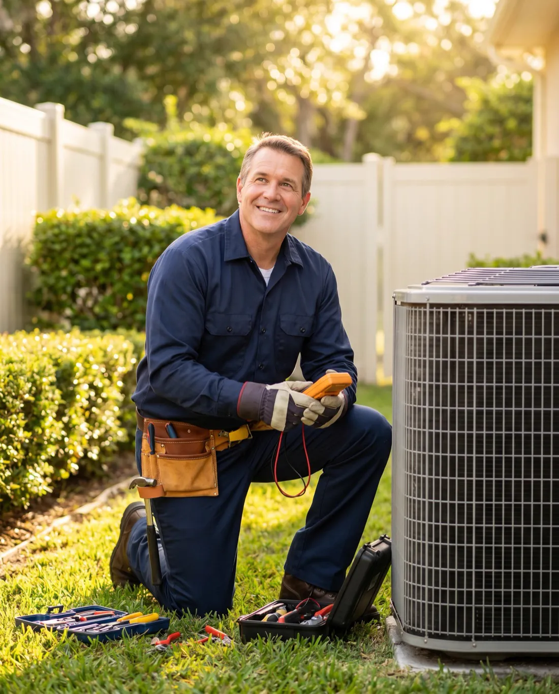 HVAC technician servicing an air-conditioning unit