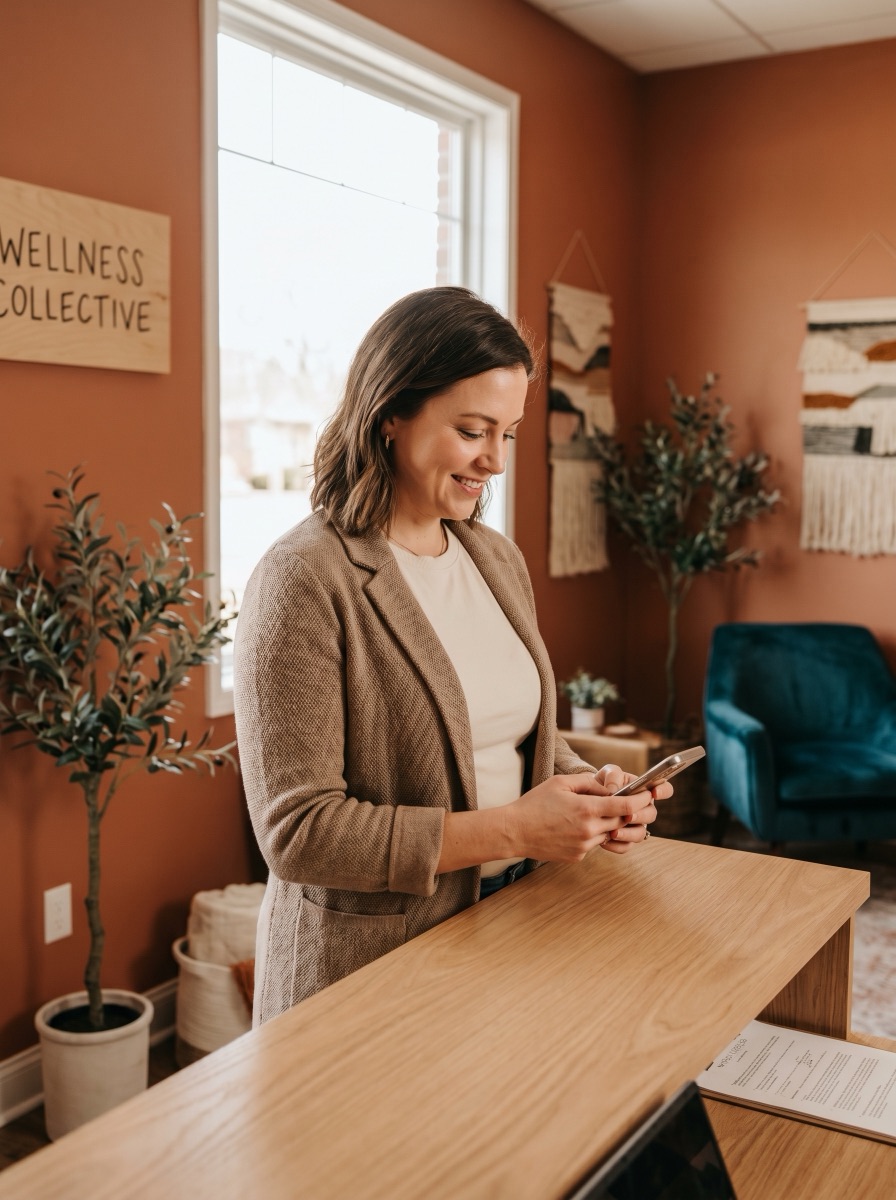 A local wellness-studio owner checking her phone at the front desk of her shop