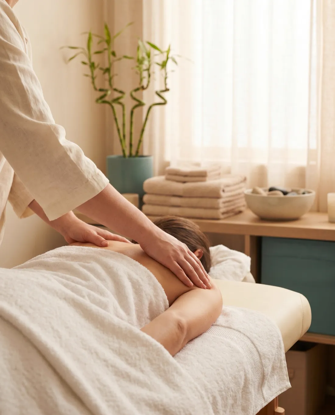 A massage therapist working on a relaxed client in a calm treatment room